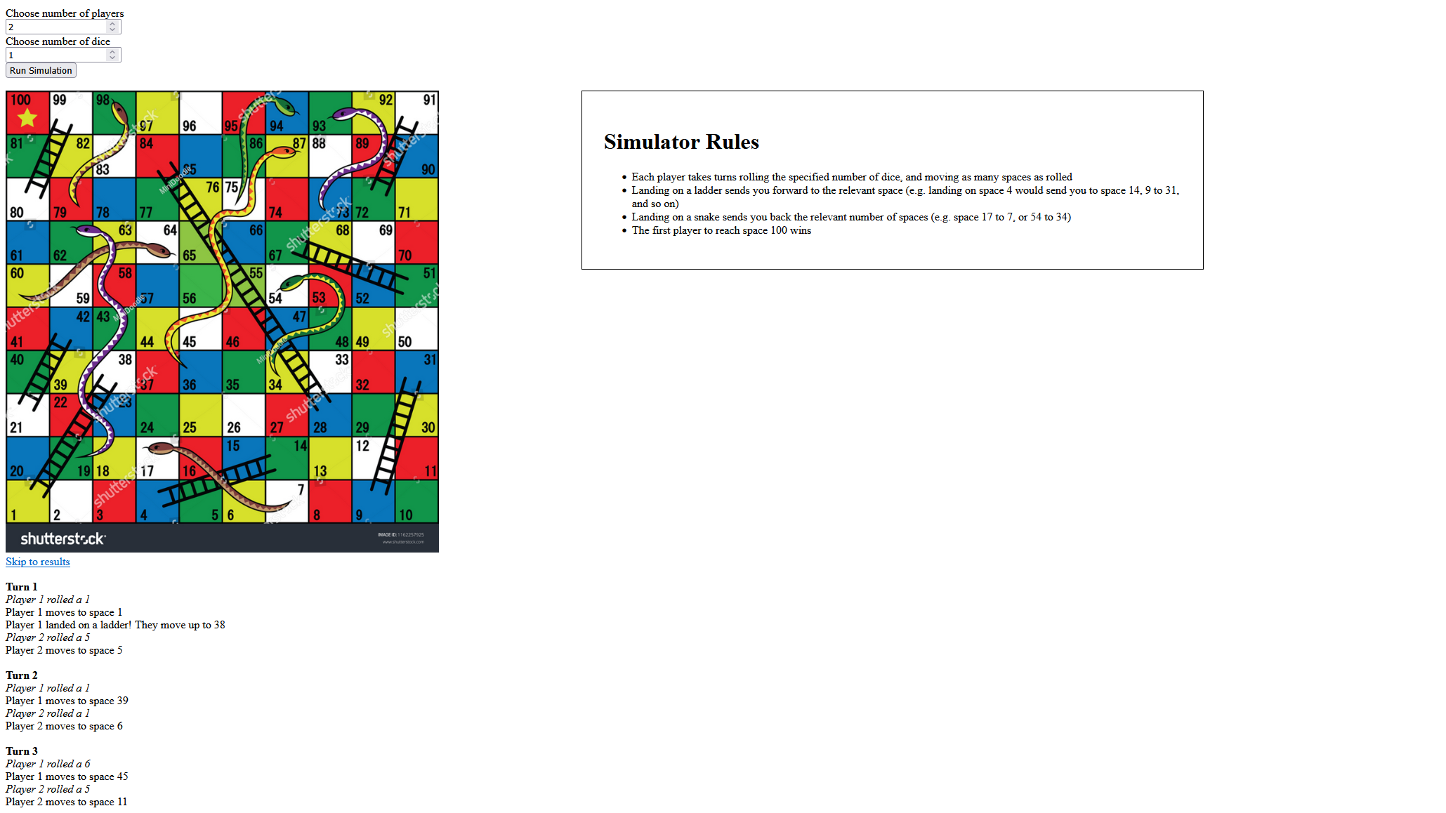 Main page for the regular Snakes & Ladders simulator